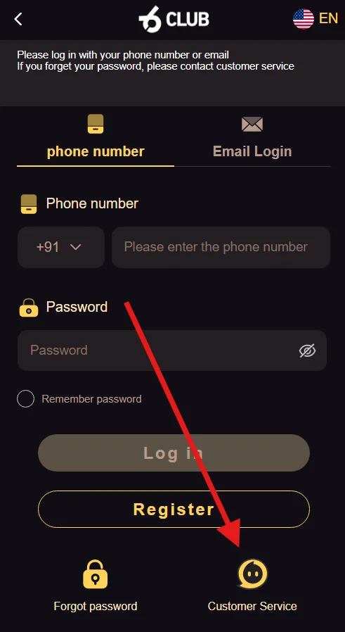 An image of login page with a red arrow pointing towards the Customer service option.